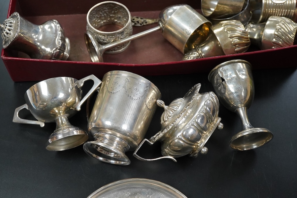 A collection of silver cruet items, napkin rings and other items various, weight approx. 15.37ozt